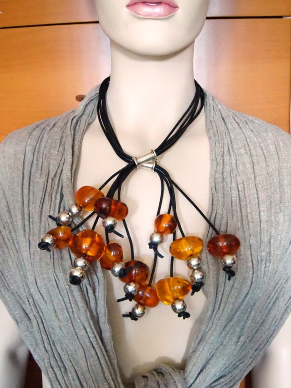 Ambermoda Baltic Amber Leather 925 Silver Heavy Necklace 8.5oz